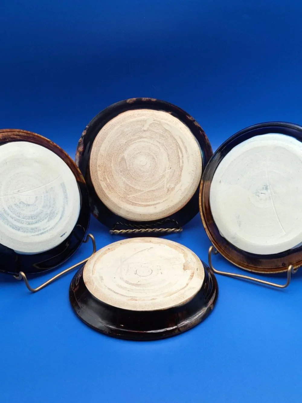 Studio Art Pottery Small Round Dishes Blue Brown Cream Glazed Set of 4